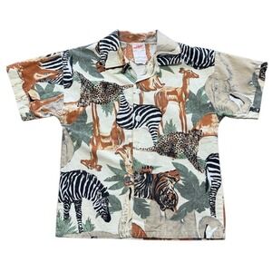Vintage 70s Milton Kid Jungle Safari Zebra Giraffe Animal Nature Button Up Shirt